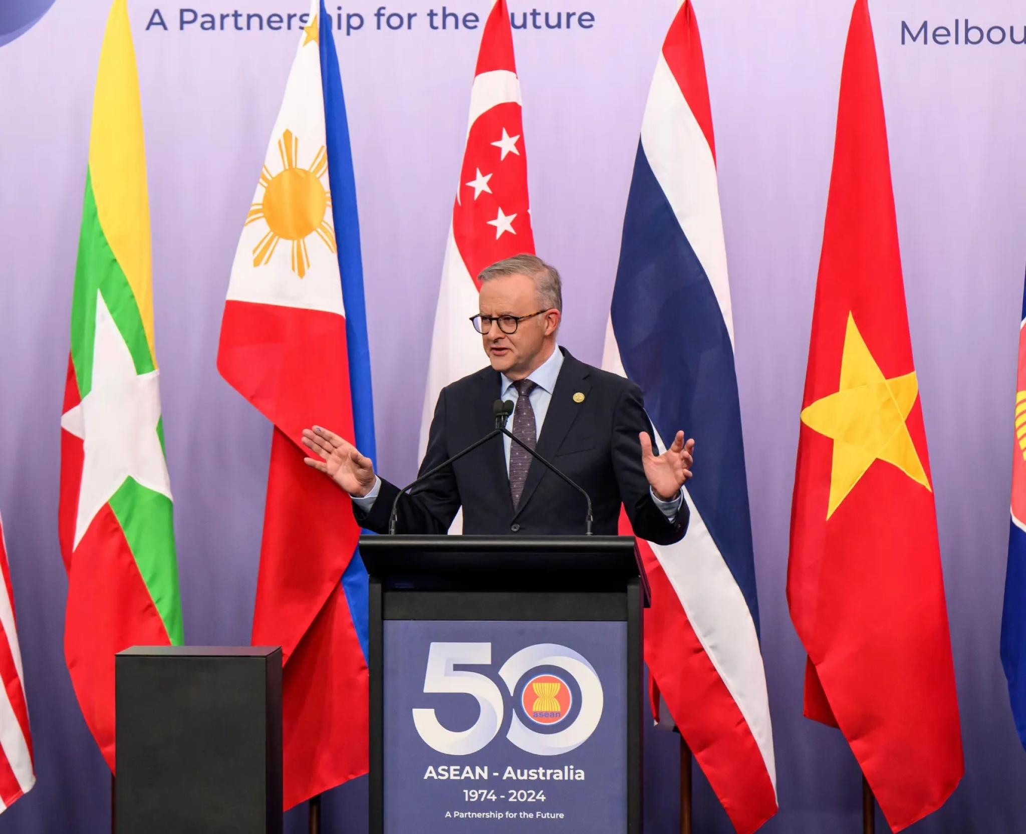 PM Anthony Albanese speaks at the ASEAN-Australia special summit in Melbourne. Photo: George Chan/SOPA Images via ZUMA Press Wire