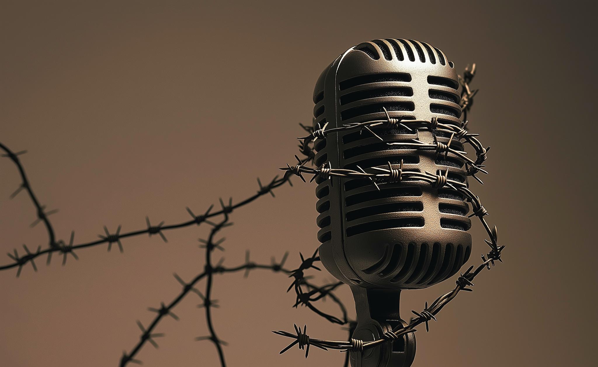 Microphone in barbed wire depicting freedom of speech, from Adobe Stock Images