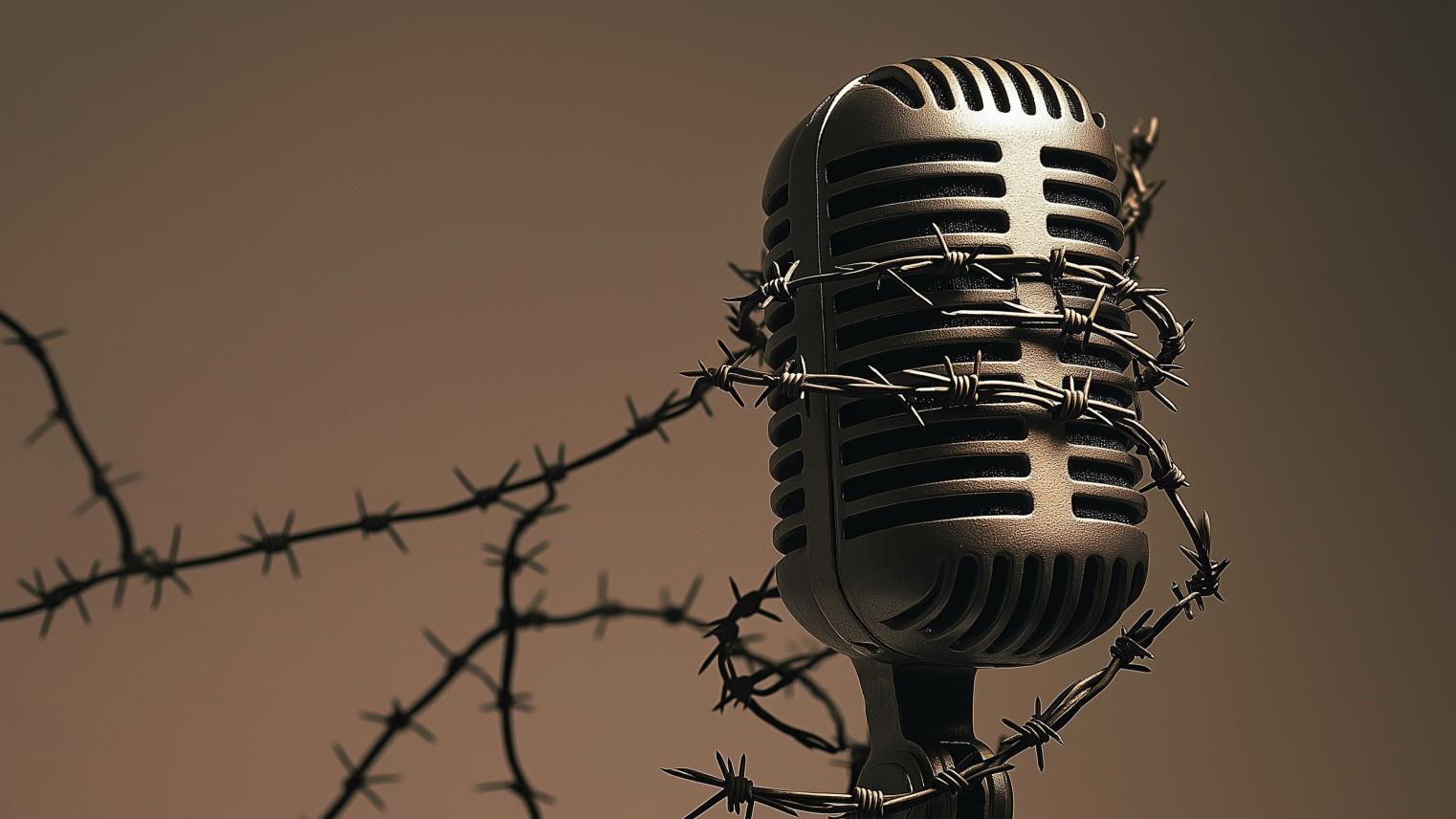 Microphone in barbed wire depicting freedom of speech, from Adobe Stock Images